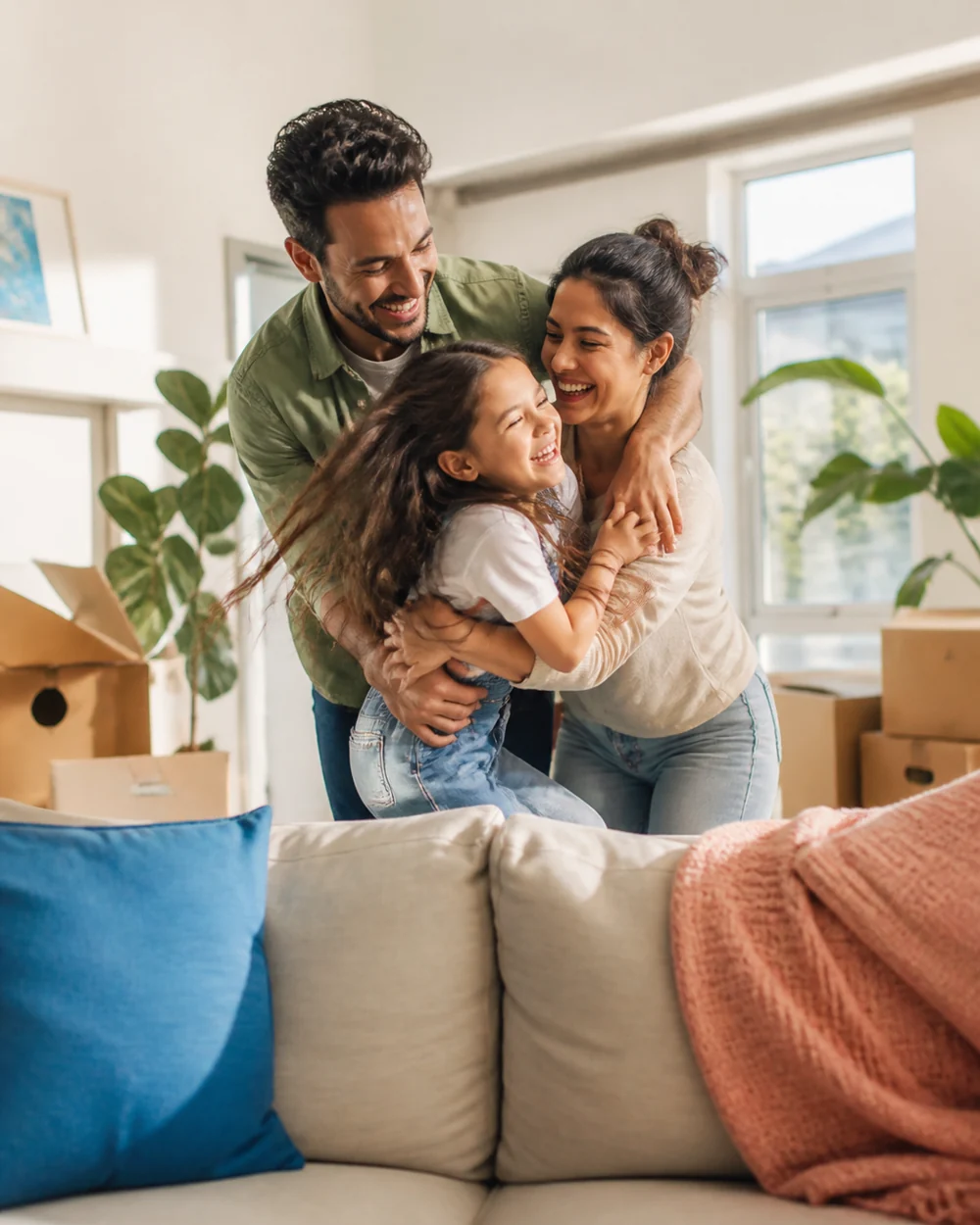 A family holding each other among moving boxes in a bright living room