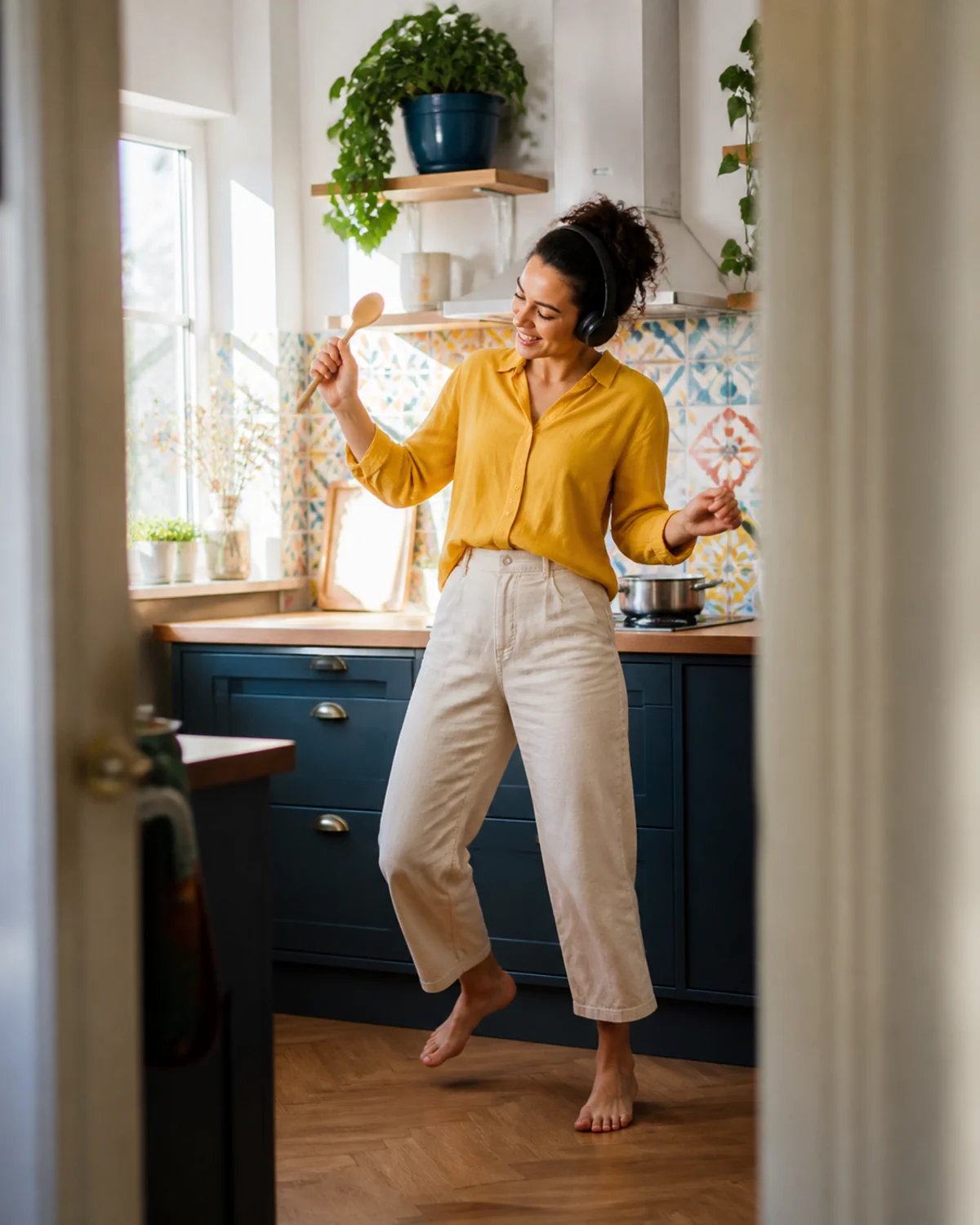 A woman dancing in her kitchen with a wooden spoon