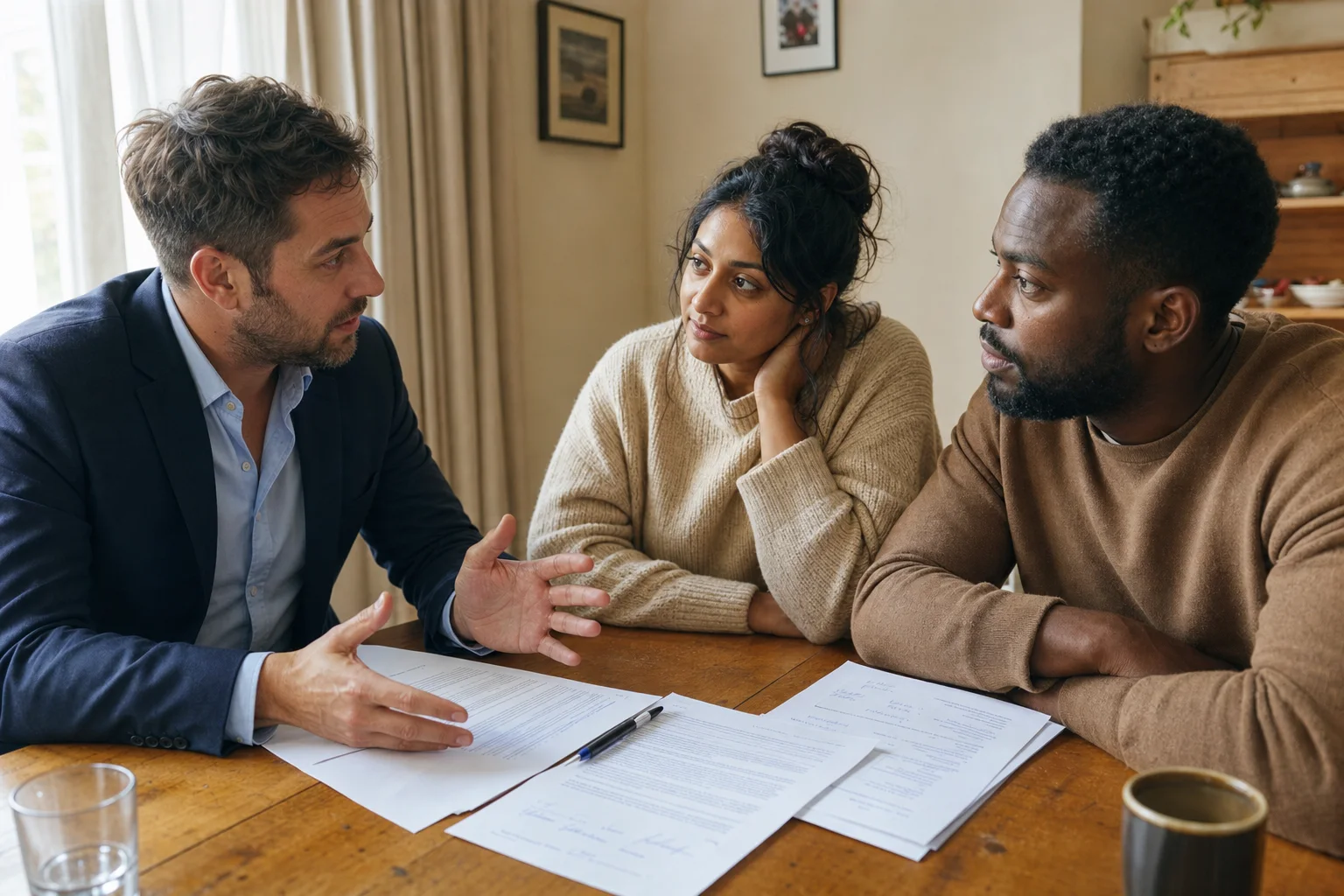 A property adviser discussing completed paperwork with two clients at their dining table