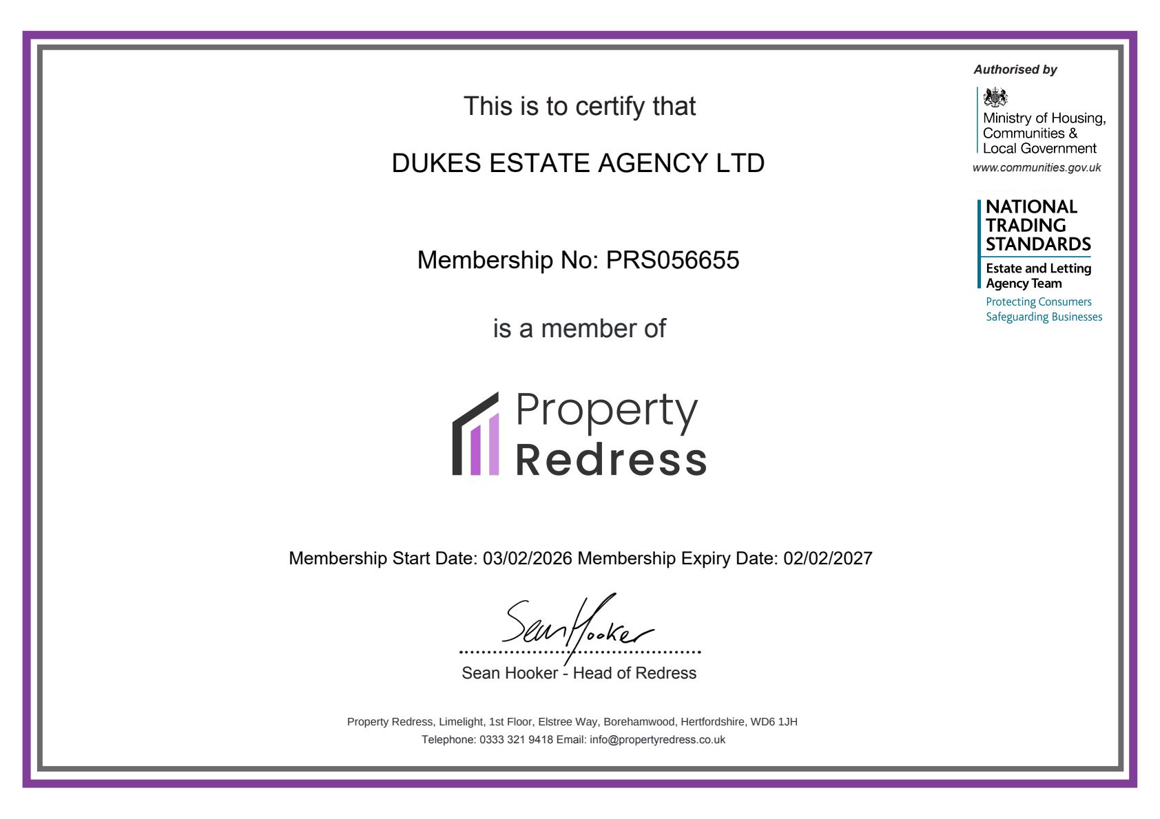 Property Redress Scheme certificate for Dukes Estate Agency Ltd, membership PRS056655, expiring 2 February 2027.