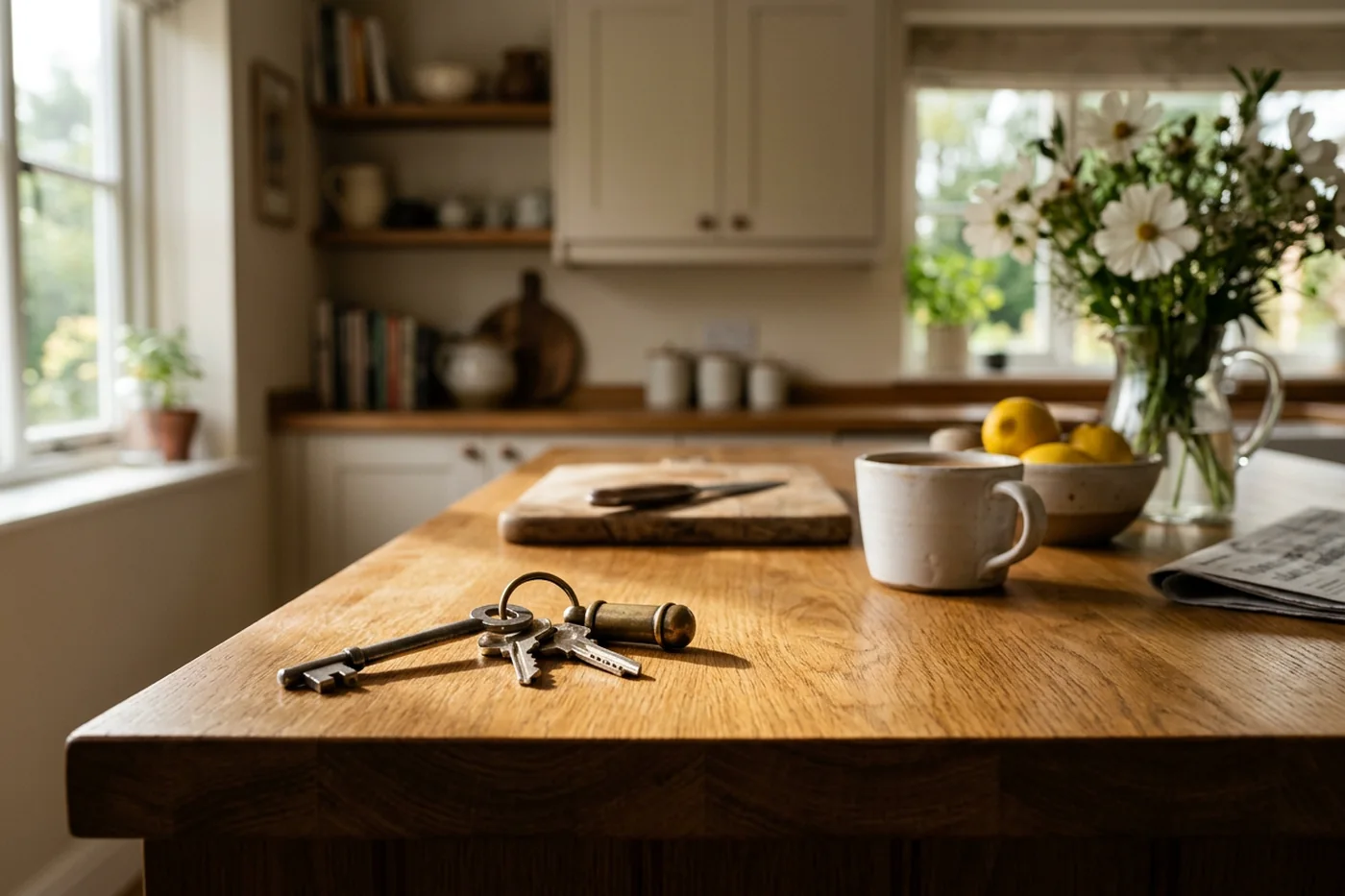 A set of house keys on a brass fob resting on a sunlit oak kitchen worktop