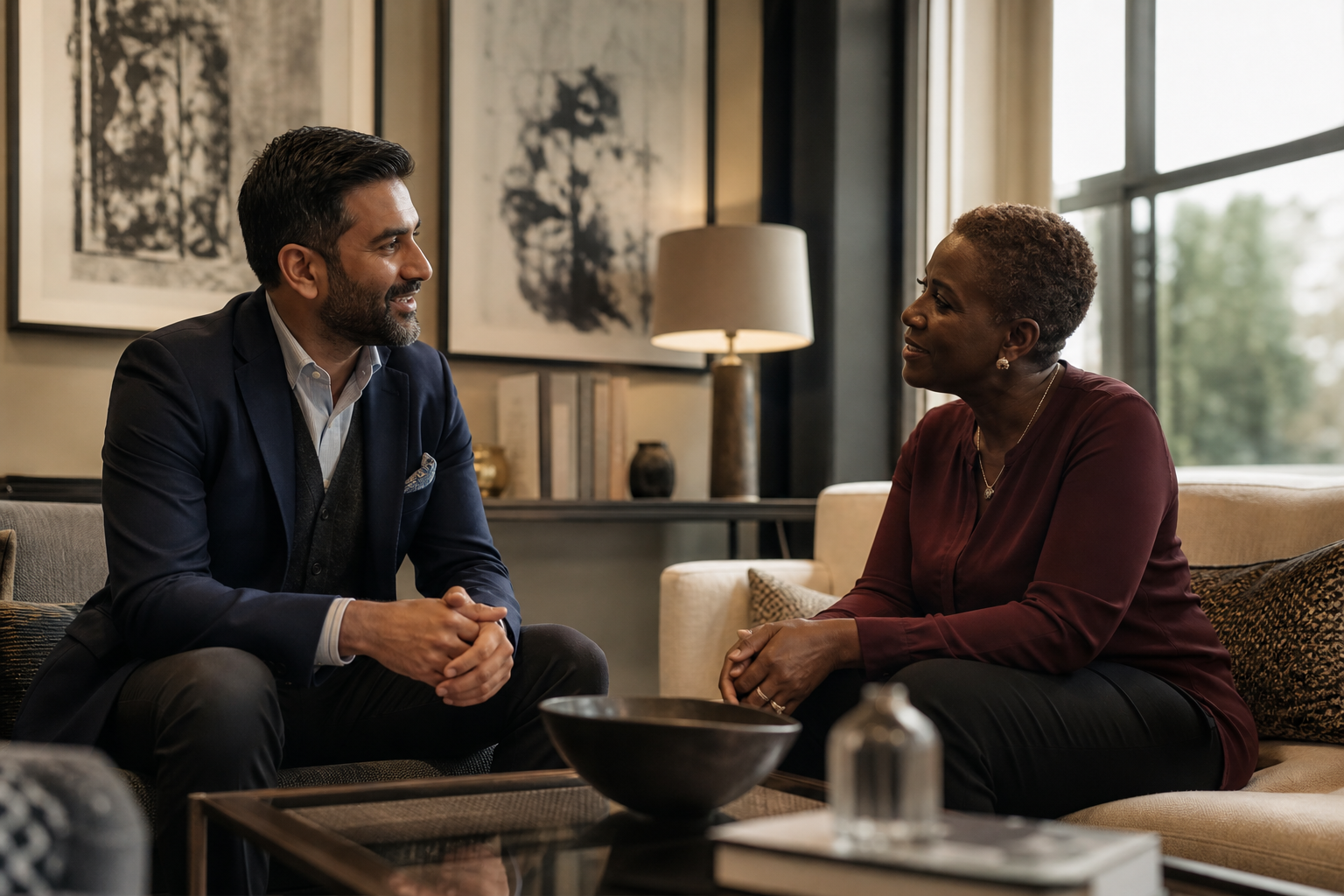 A Dukes property adviser listening to a landlord in a comfortable consultation setting