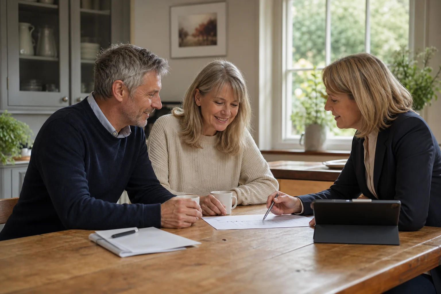 A couple and a property professional calmly reviewing a home-sale timeline together.