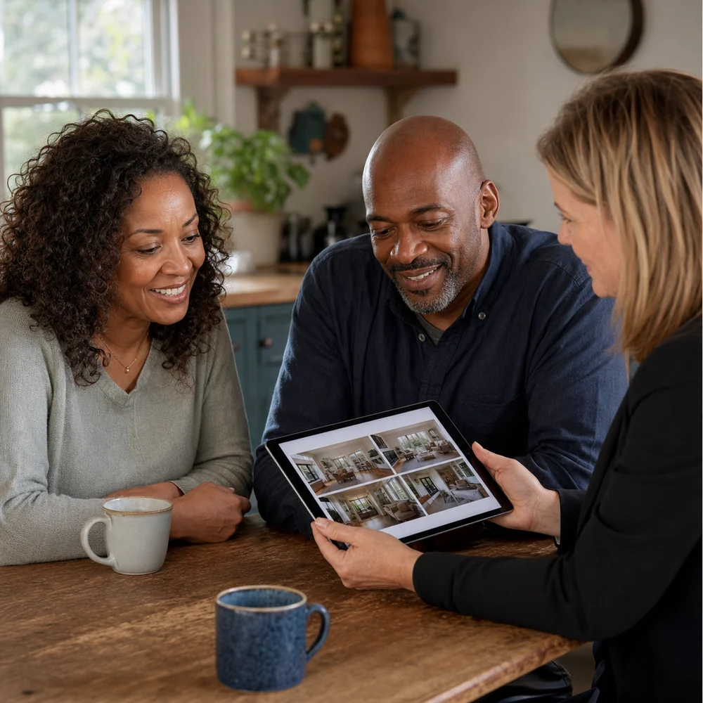 A local agent reviewing property presentation with homeowners around their kitchen table