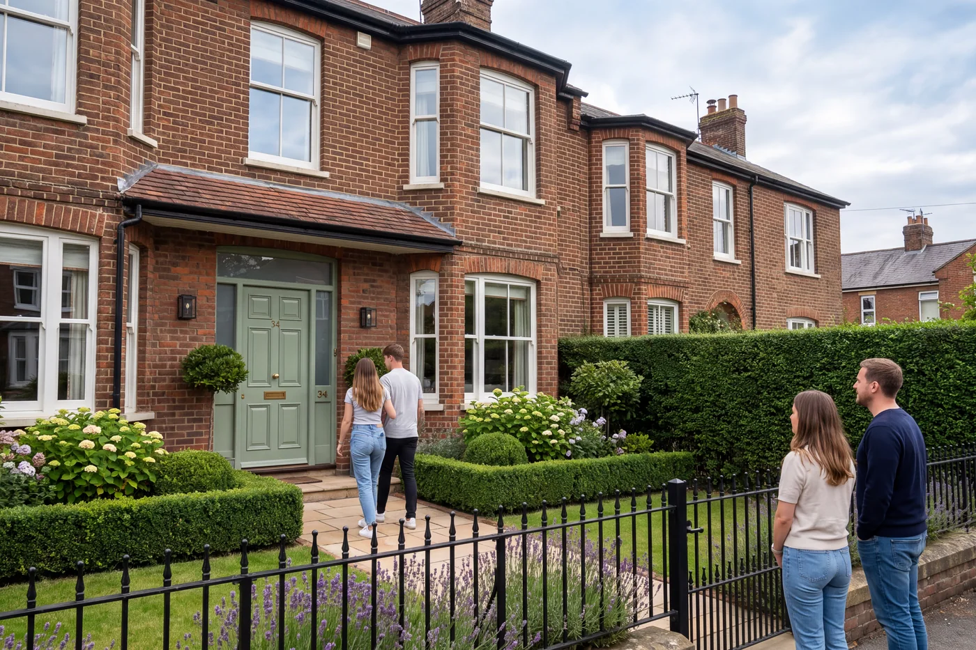 Buyers walking up the path of a well-presented period house while a second couple look on from the gate