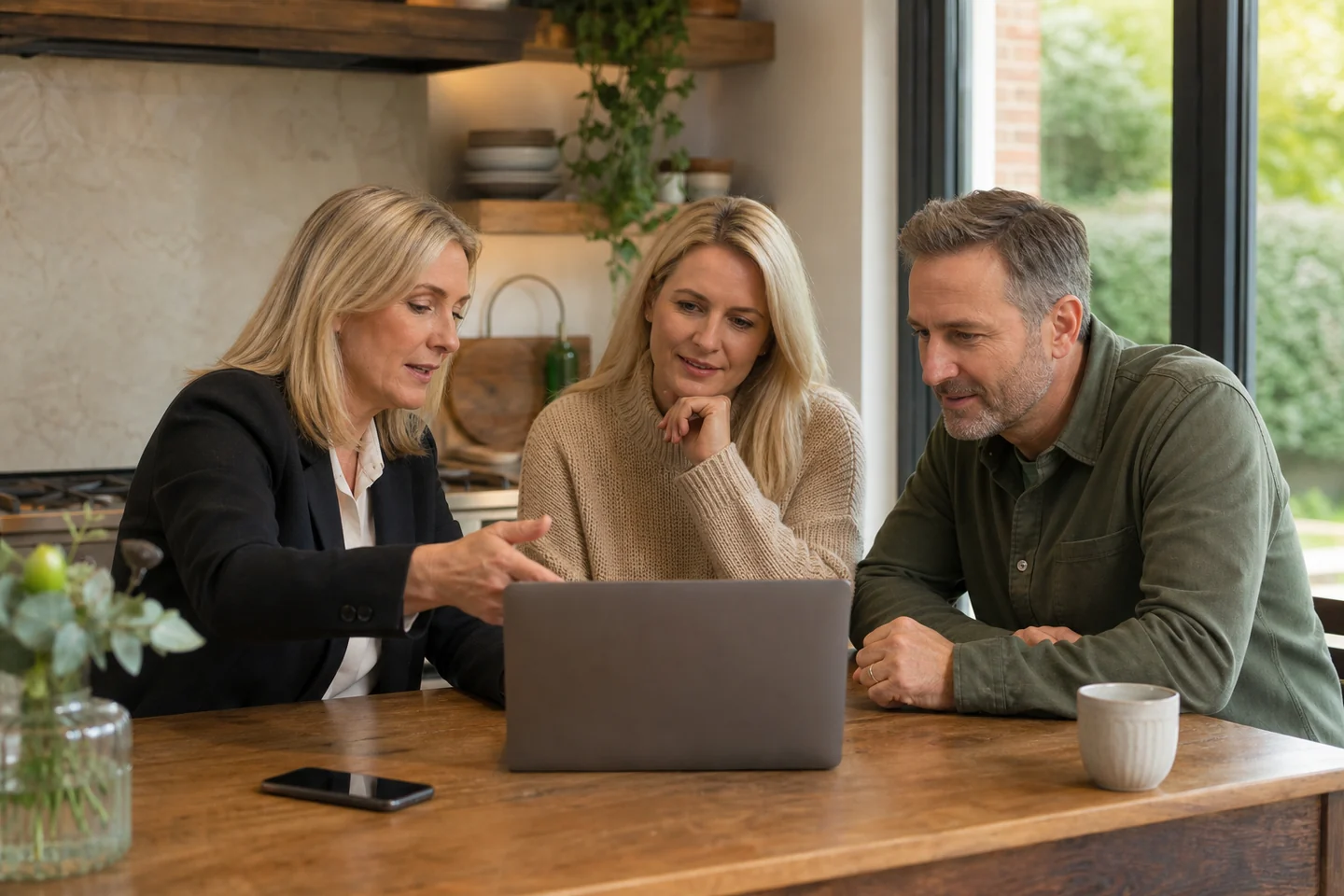 A couple and a property professional checking availability information on a laptop.