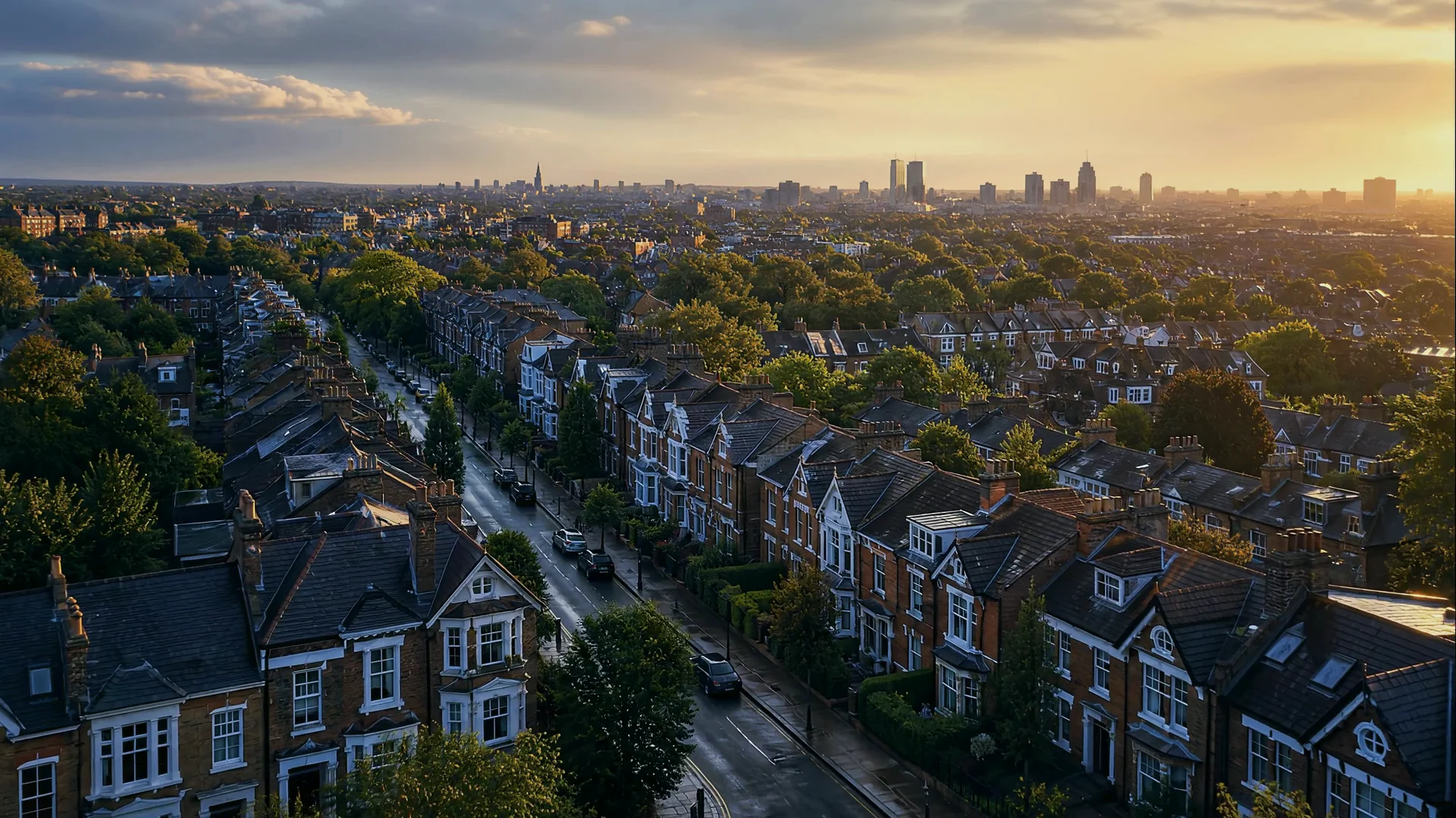 An elevated view over rows of British period homes