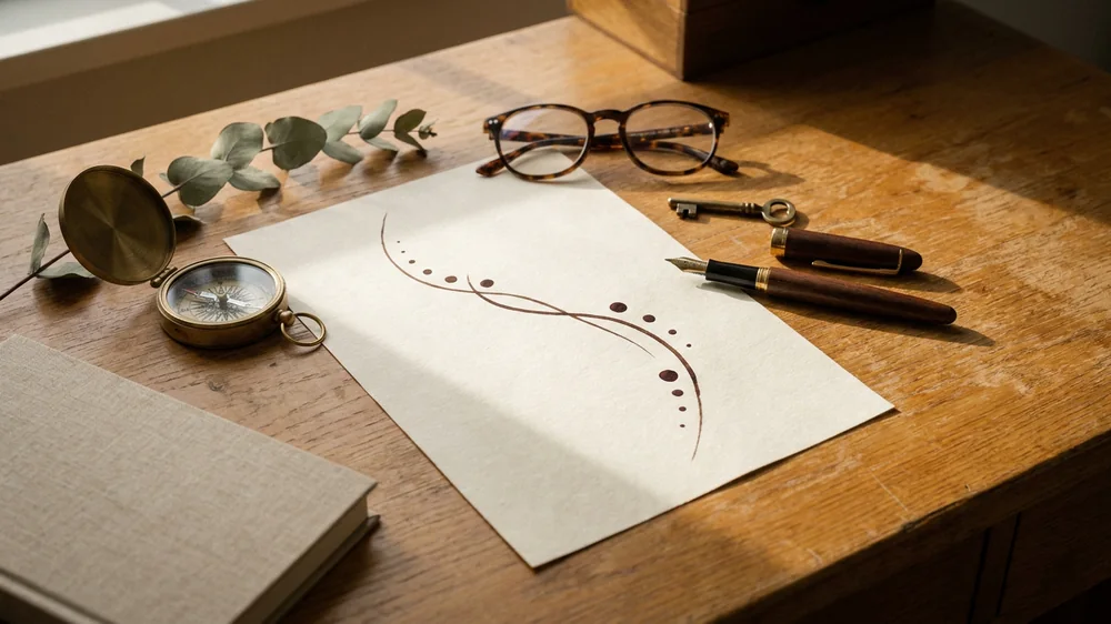 A hand-inked route across a printed floor plan on a desk, with a brass compass and a fountain pen