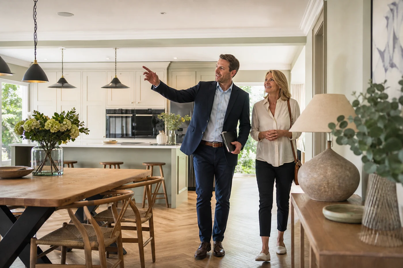 A homeowner and a local estate agent walking through a bright kitchen during a valuation