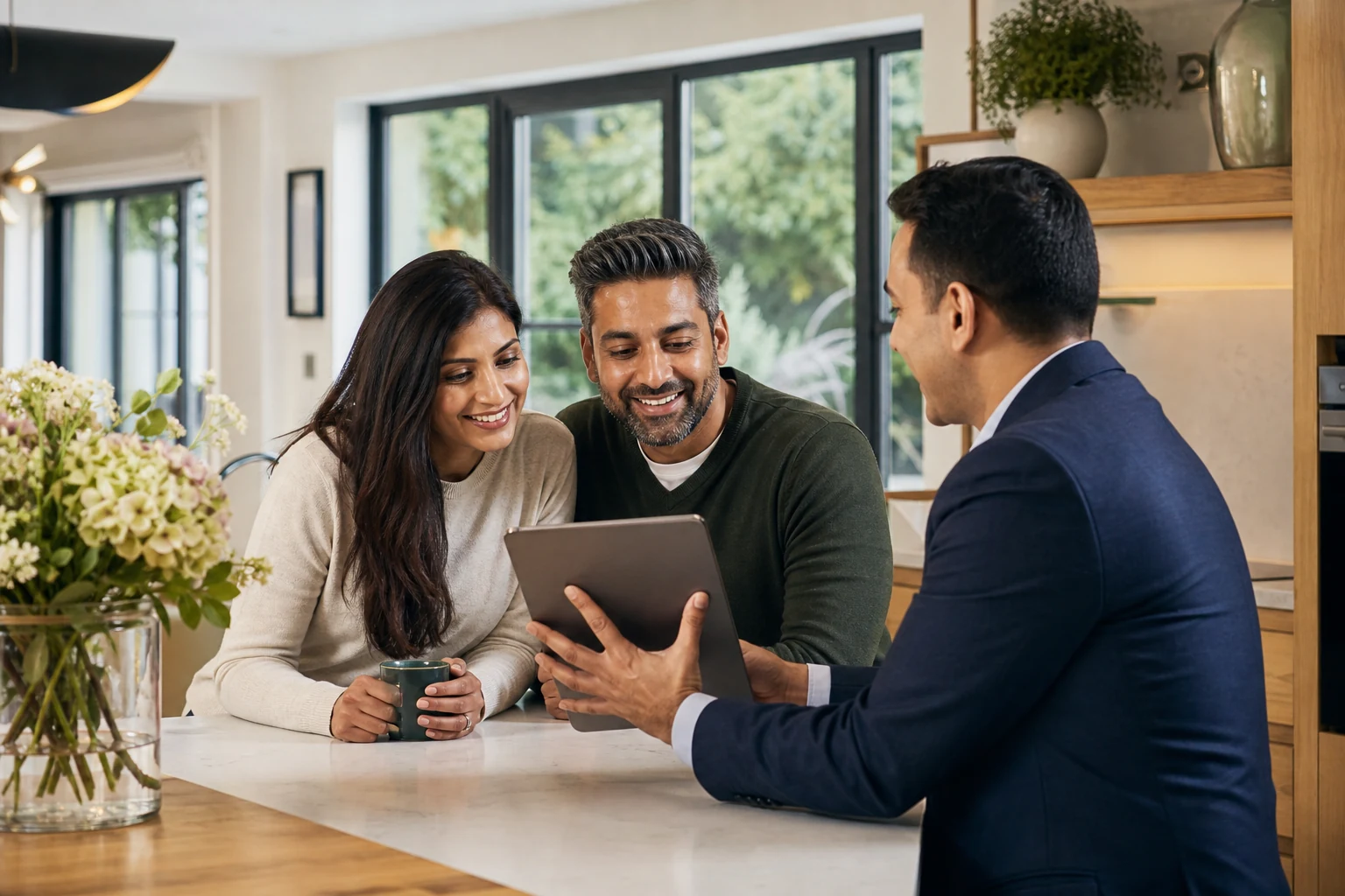 A smiling couple reviewing their property figures with an adviser.