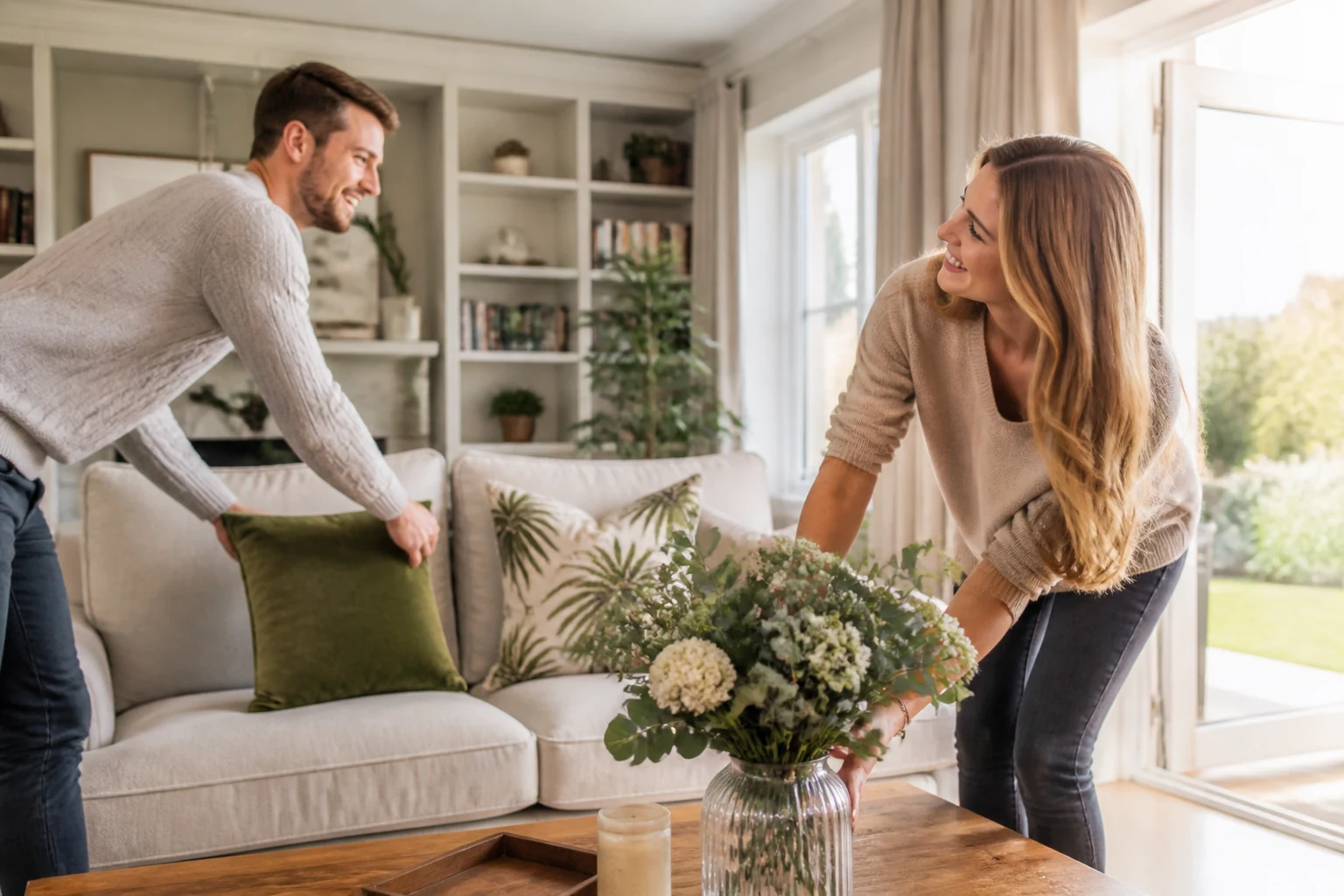 A delighted couple preparing their living room for a viewing.