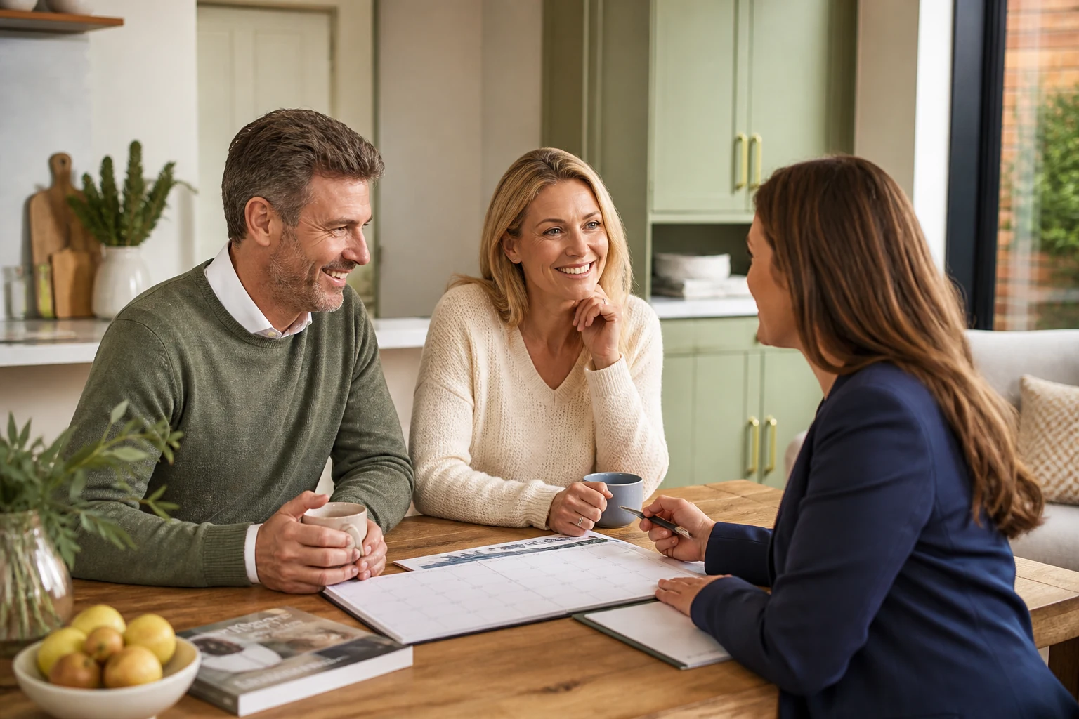 A happy couple planning a moving timetable with a property adviser.