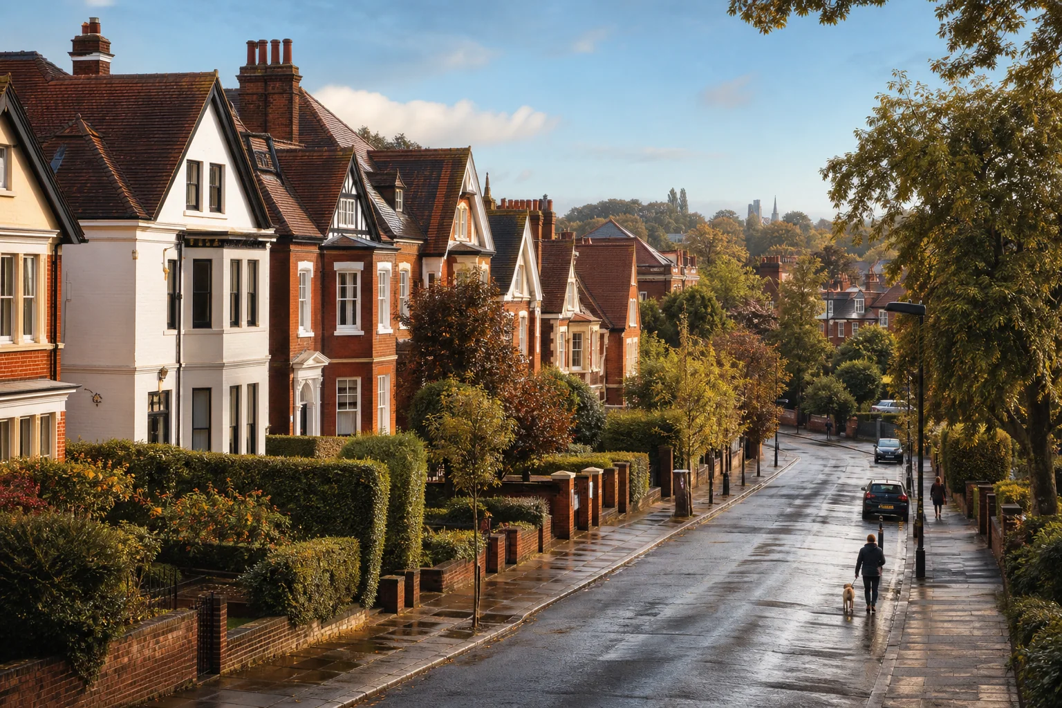 A British residential avenue in warm morning light.