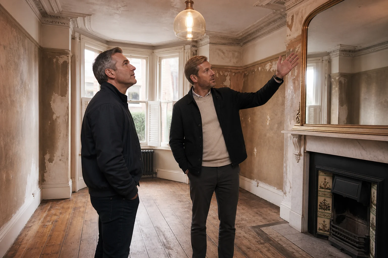 A property adviser and investor assessing a British home ready for refurbishment.