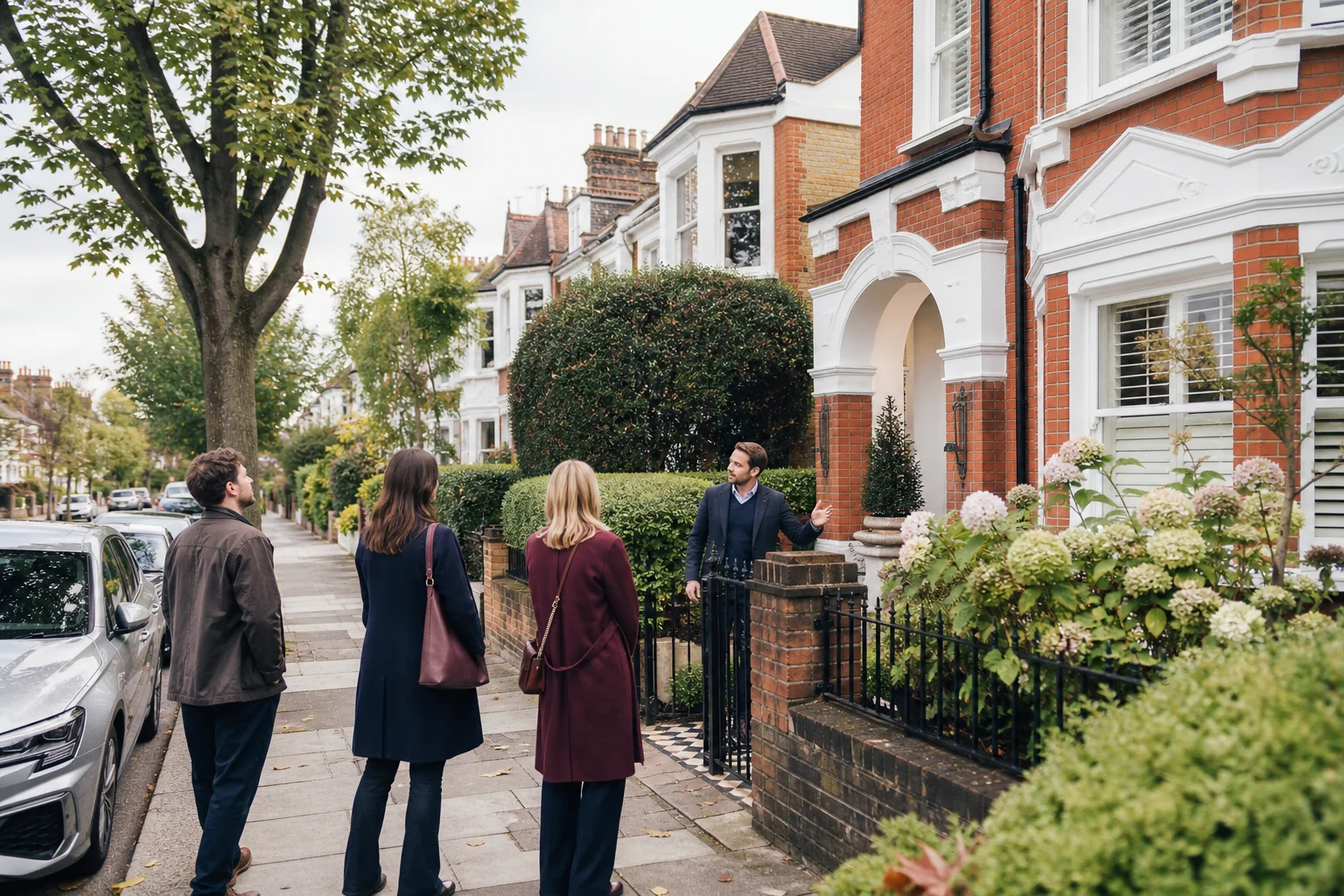 Prospective buyers arriving for a viewing at a British family home.