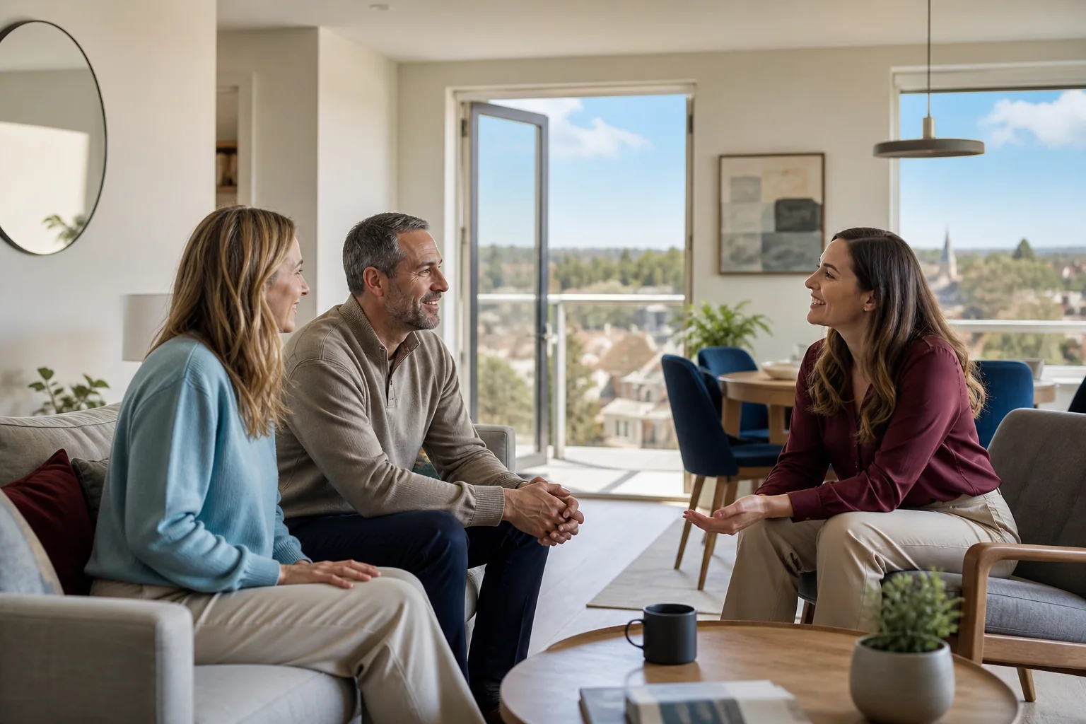 Property owners talking naturally with a property professional in a bright apartment.